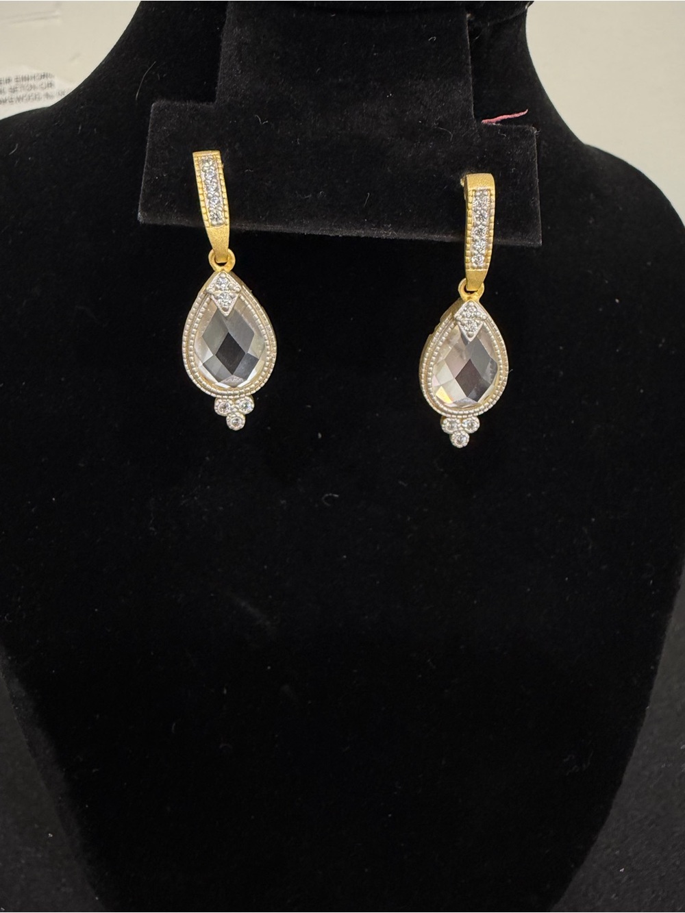 Freida Rothman 925 Sterling -Gold Tone Teardrop Crystal Dangle Earrings -